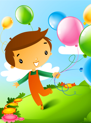 Chłopiec z balonikami. Ilustracja do gry mobilnej - puzzle.   