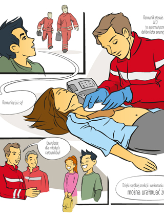 Komiksowa historia o udzielaniu pierwszej pomocy. Ilustrowany materiał edukacyjny. Grupa Medyczna Puls  
