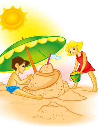 Dzieci na plaży. Ilustracja do kolorowanki dla dzieci.   